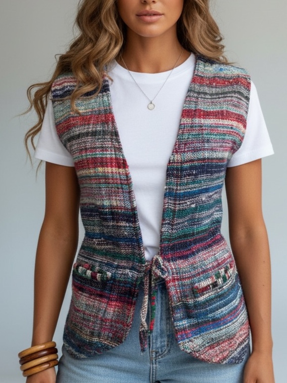 Vintage Multicolor Handwoven Tweed Vest with Tie Front